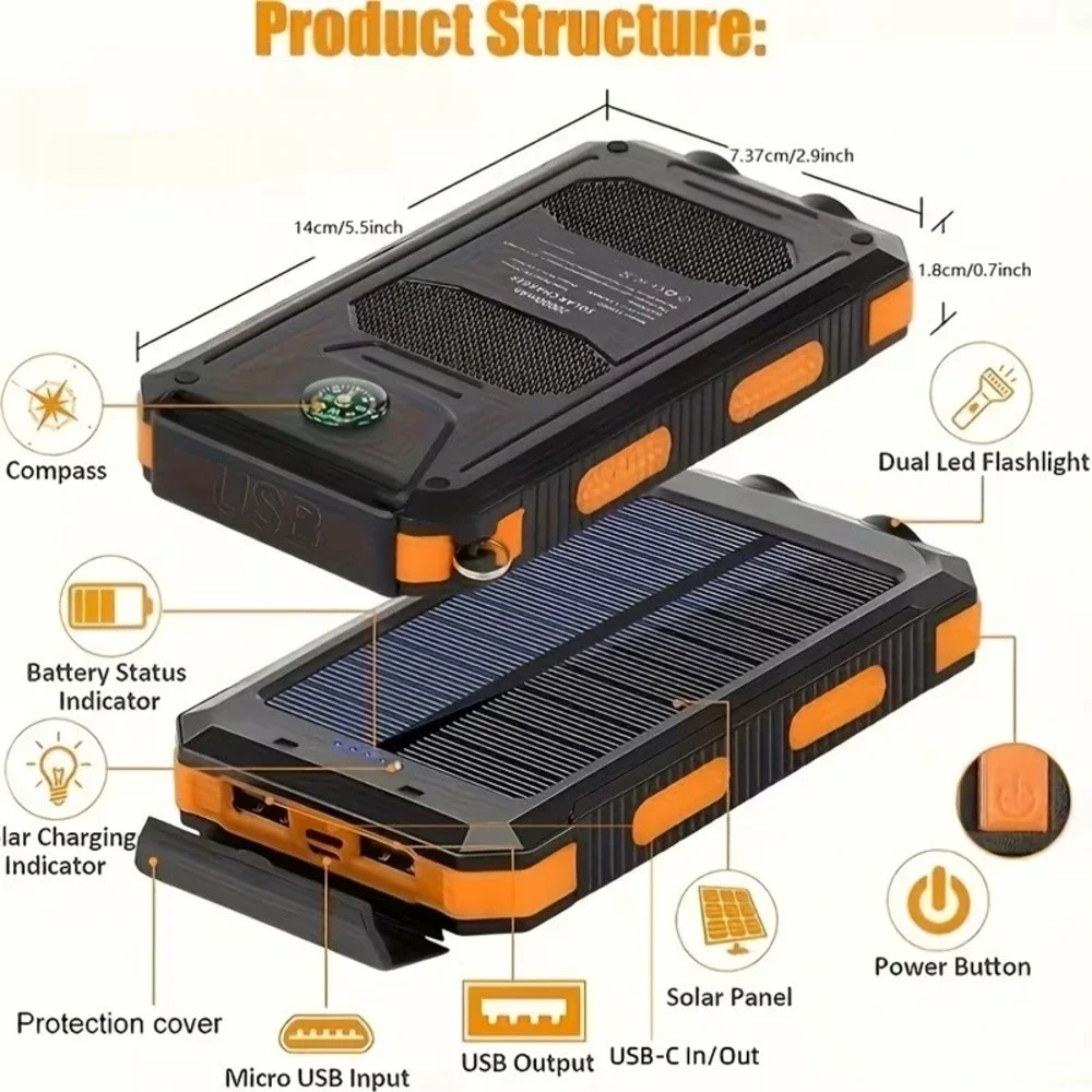 10000mAh Solar Power Bank Fast Charging Dual USB Portable Charger LED Flashlight